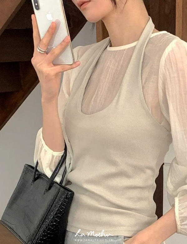 掛脖低領水洗坑條棉背心